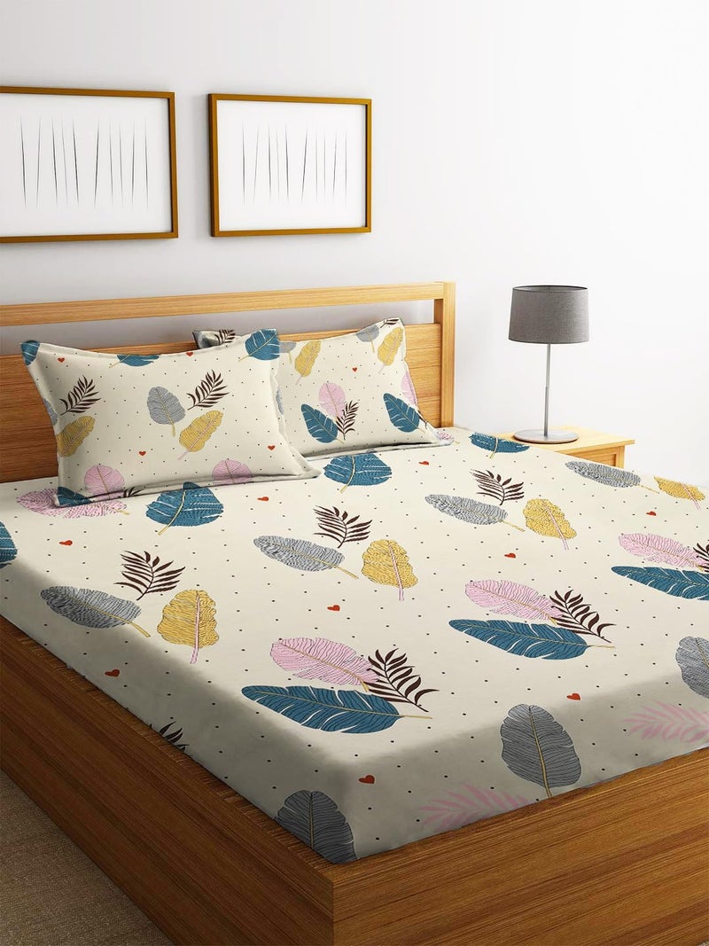 STARNSTYLE Premium 160 TC Egyptian Cotton Blend Floral Printed Double Bedsheet Set with 2 Pillow Covers - 228 x 228 cm Cream and White - Image 1